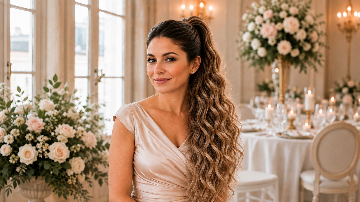 Femme portant une longue queue de cheval ondulée dans un décor de mariage