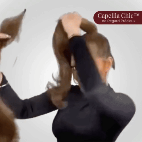 Démonstration de la pose de deux extensions Capellia Chic, torsadées puis enroulées autour de la queue de cheval