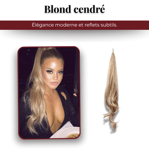 Extension queue de cheval Capellia Chic en teinte Blond Cendré, présentée seule et portée en queue de cheval haute