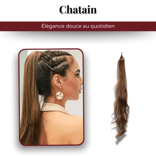 Extension queue de cheval Capellia Chic en teinte Châtain, présentée seule et portée avec une coiffure tressée