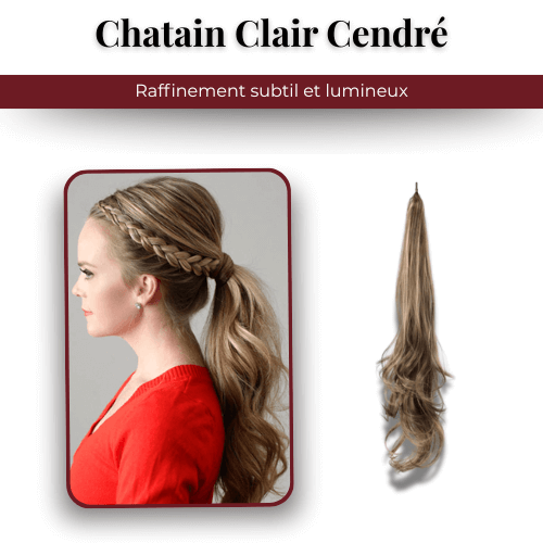 Extension queue de cheval Capellia Chic en teinte Châtain Clair Cendré, présentée seule et portée avec une coiffure tressée