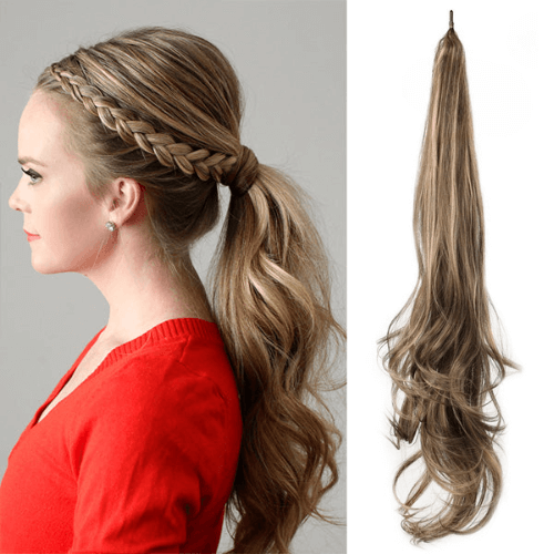 Extension queue de cheval Capellia Chic en teinte Châtain Clair Cendré, présentée seule et portée avec une coiffure tressée