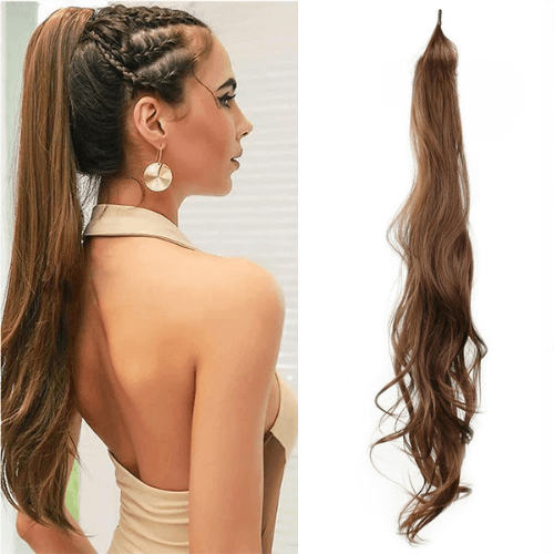 Extension queue de cheval Capellia Chic en teinte Châtain, présentée seule et portée avec une coiffure tressée