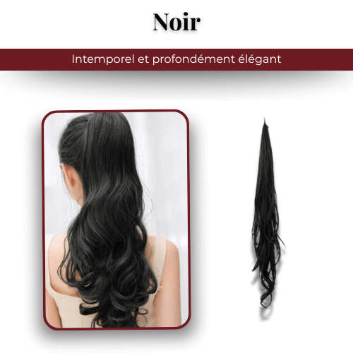 Extension queue de cheval Capellia Chic en teinte Noir, présentée seule et portée de dos avec de longues ondulations