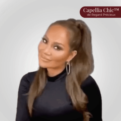 Rendu final de l’extension queue de cheval Capellia Chic en teinte châtain, portée haute avec une longueur lisse et volumineuse