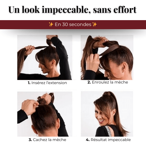 Tutoriel en quatre étapes montrant comment insérer et enrouler l’extension queue de cheval Capellia Chic autour de la base