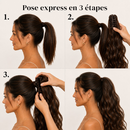Pose de l’extension queue de cheval Capellia Élégance en quatre étapes avec pince-griffe